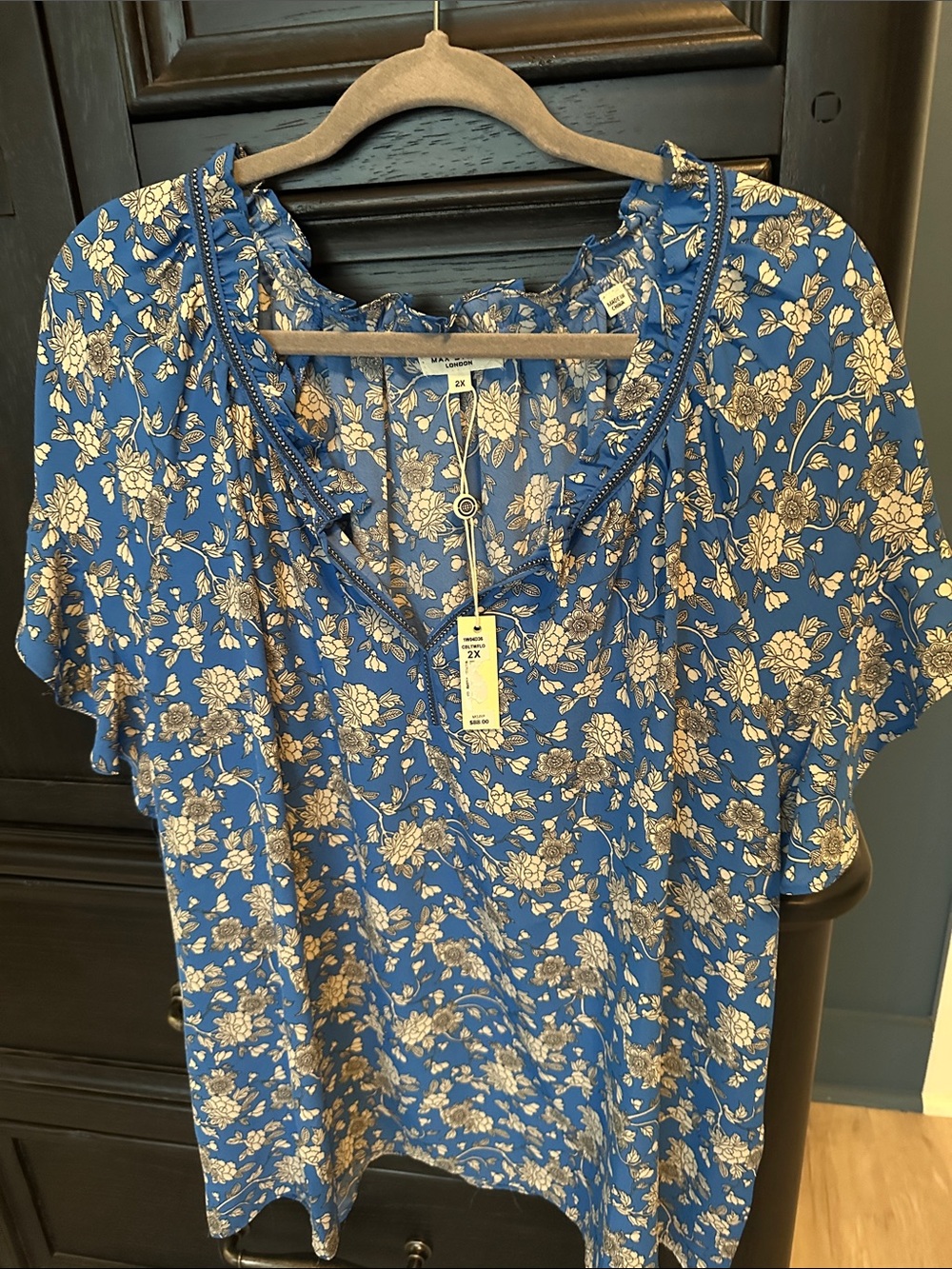 Max Studio Blue Floral Ruffle-Trim Blouse